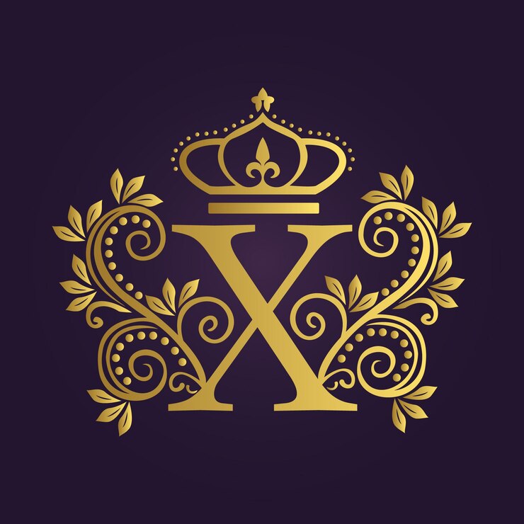 Letra X de ouro real com coroa e padrões florais em fundo roxo