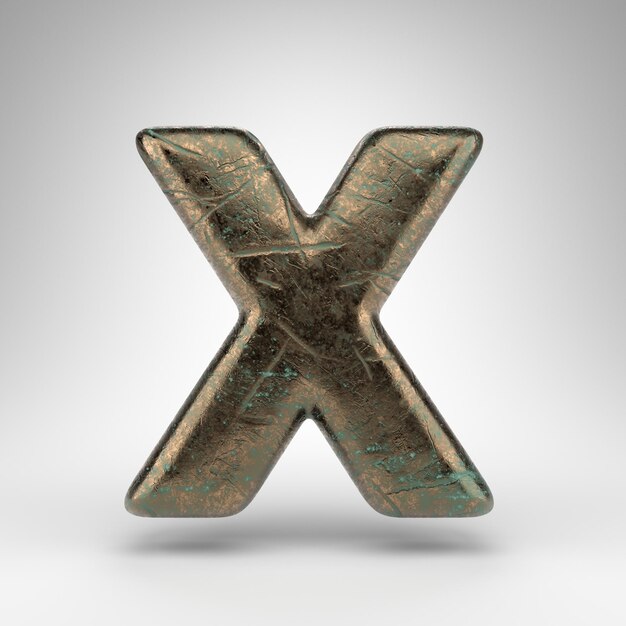 Letra X mayúscula sobre fondo blanco. Fuente renderizada en 3D de bronce con textura rayada oxidada.
