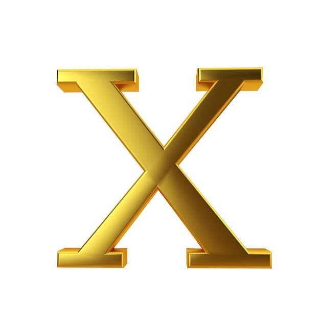 Letra X de oro brillante sobre un fondo blanco liso Representación 3D