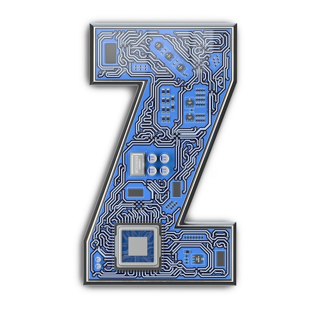 Letra Z Alfabeto en estilo de placa de circuito Letra digital de alta tecnología aislada en blanco