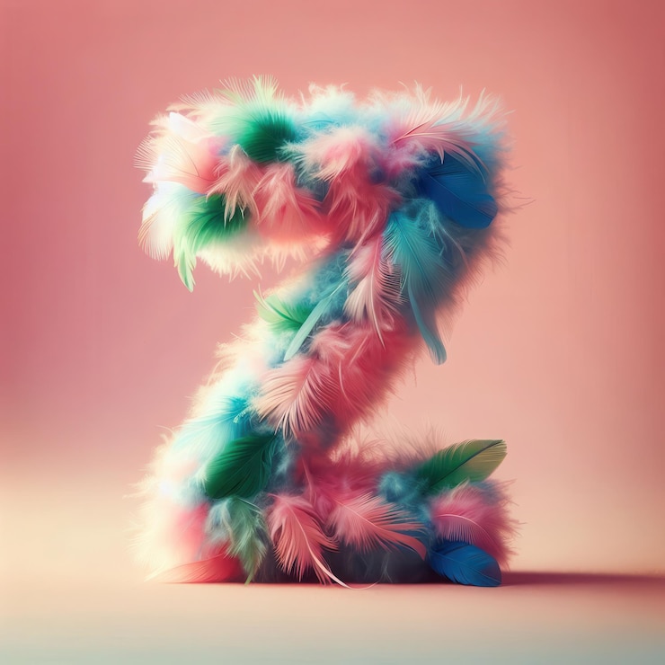 Foto la letra z elaborada con una variedad de plumas suaves y esponjosas en tonos de rosa, azul y verde sobre un delicado telón de fondo rosa concepto tipografía caprichosa y lúdica textura suave