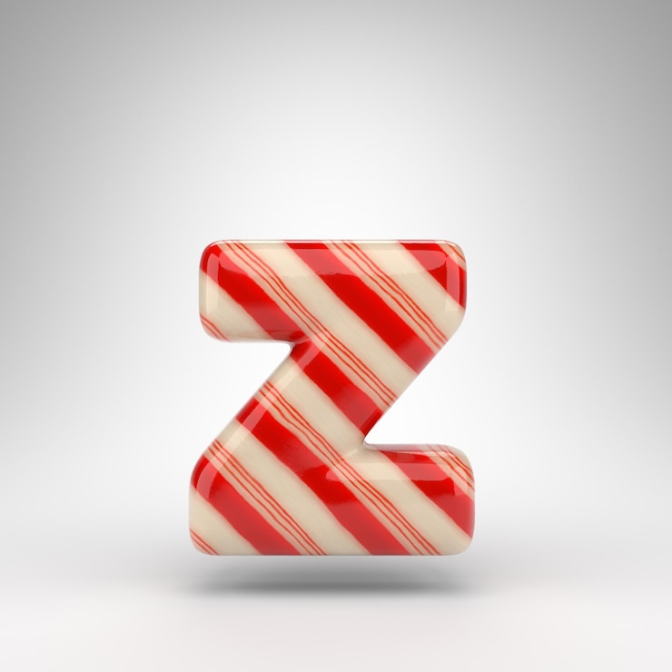 Foto letra z minúscula sobre fondo blanco. candy cane 3d prestados fuente con líneas rojas y blancas.