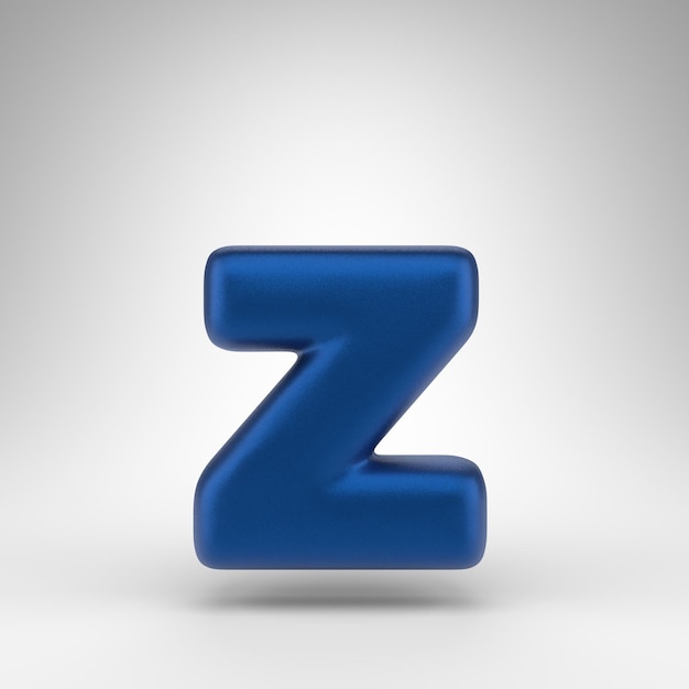 Letra Z minúscula sobre fondo blanco. Fuente renderizada 3D azul anodizado con textura mate.