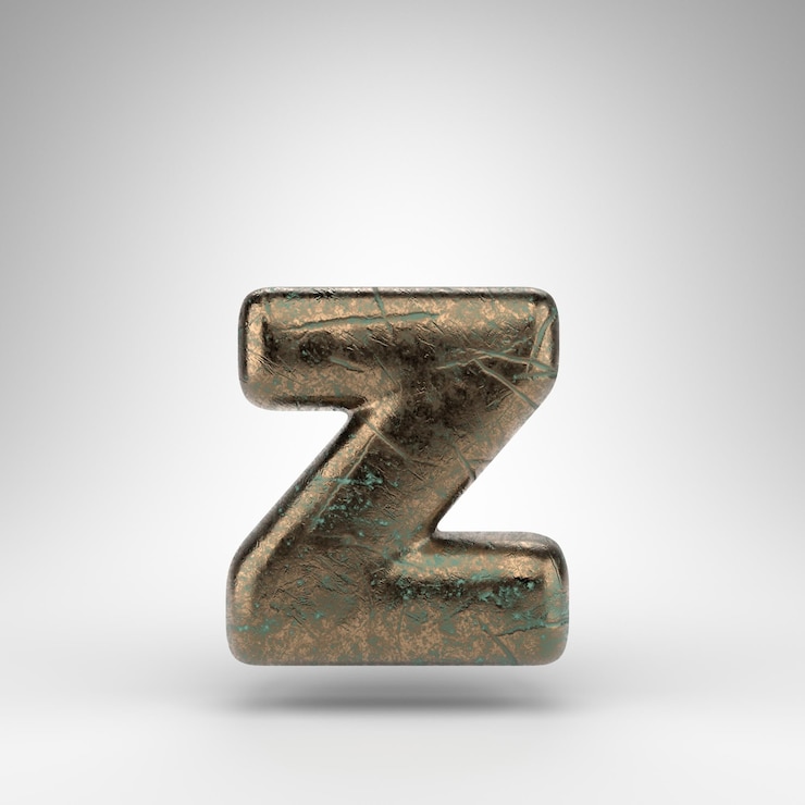 Foto letra z minúscula sobre fondo blanco. fuente renderizada en 3d de bronce con textura rayada oxidada.