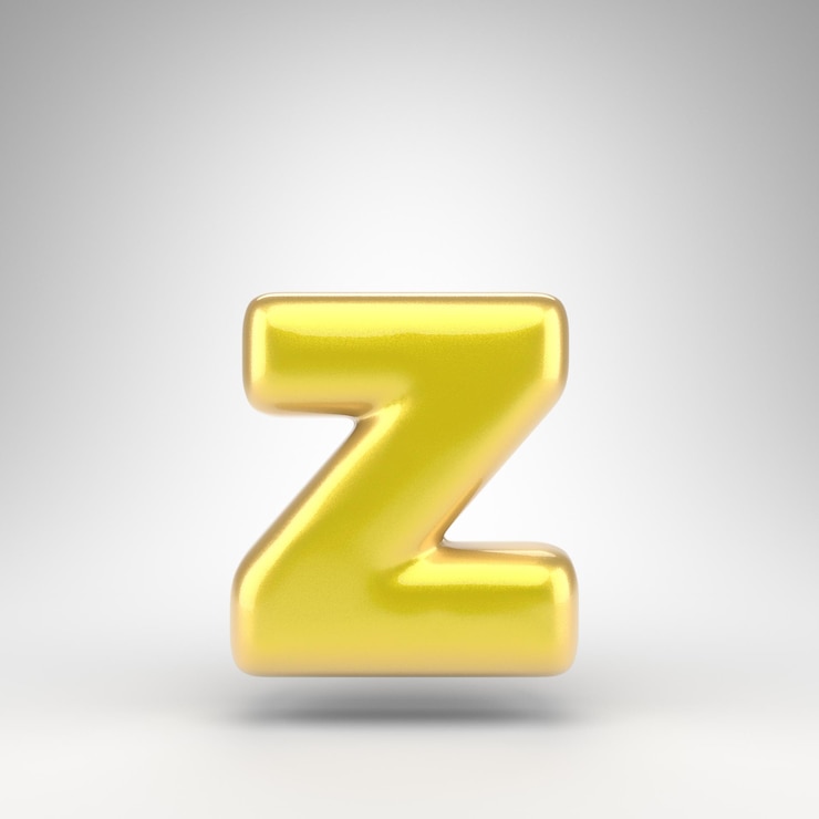 Foto letra z minúscula sobre fondo blanco. pintura de coche amarillo fuente renderizada en 3d con superficie metálica brillante.