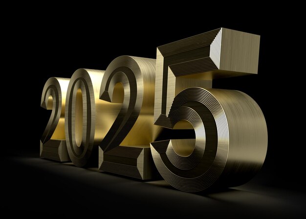 Letras 3D doradas brillantes de 2025 que representan la próxima celebración del año nuevo en fondo negro