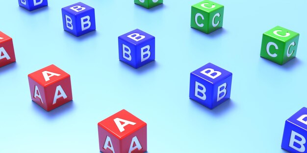 Letras abc em cubos coloridos fundo azul escola mantém distância ilustração 3d do conceito de coronavírus