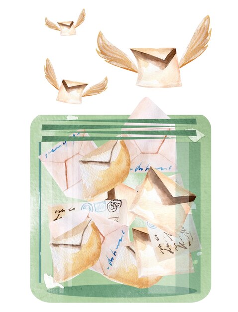 Letras con alas salen volando de una ilustración de acuarela de tarro de cristal