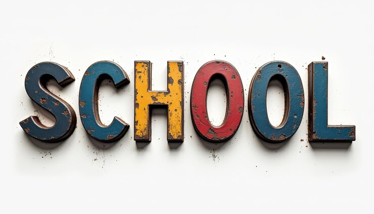 Foto letras antiguas coloridas que escriben school sobre un fondo blanco