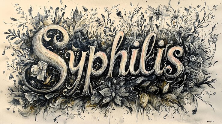 Foto letras artísticas de sífilis rodeadas de elementos florales