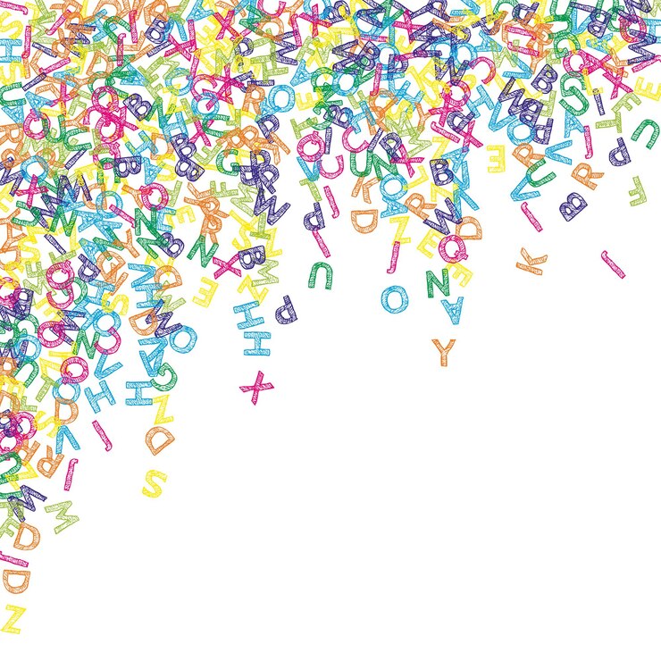 Foto letras caindo da língua inglesa esboço colorido palavras voadoras do alfabeto latino conceito de estudo de línguas estrangeiras impecável de volta à escola banner em fundo branco
