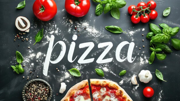 Foto letras de caligrafía pizza con ingredientes de pizza en fondo negro plantilla para cafetería de entrega de restaurantes.