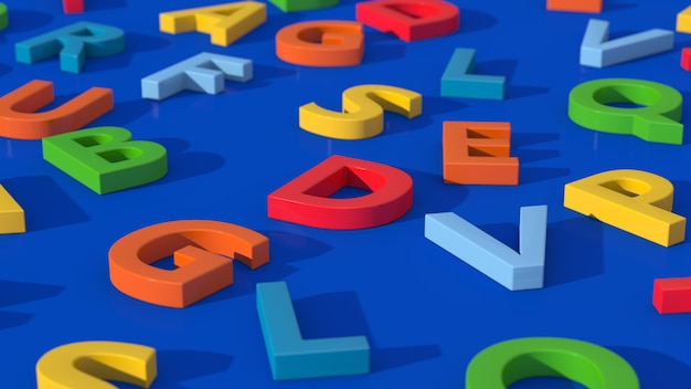 Letras de colores brillantes. Fondo azul, primer plano. Ilustración abstracta, render 3d.