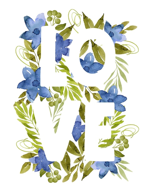 Letras de amor com flores em aquarela e ilustração botânica de folhas