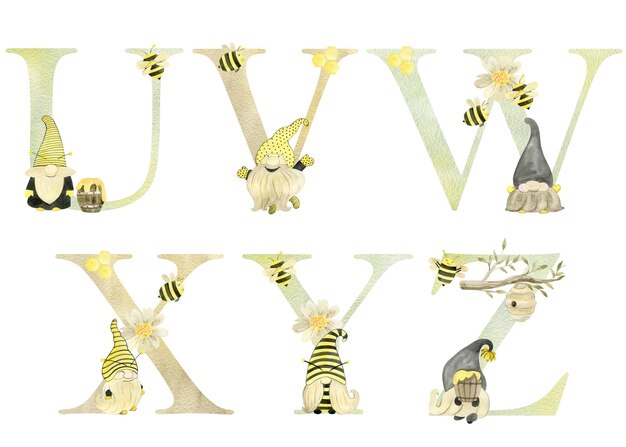 Letras de gnomos de abelha em aquarela para cartaz de berçário de cartão de convite e outros