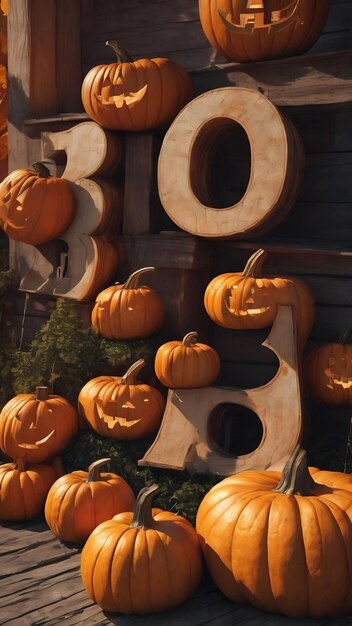 Foto letras de madeira 31 de outubro deitar-se diante de grandes abóboras de halloween