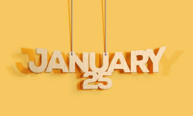 Foto letras decorativas em madeira 3d penduradas calendário de forma para 25 de janeiro em um fundo amarelo