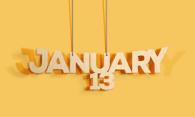 Letras decorativas em madeira 3D pendurado calendário de forma para 13 de janeiro em um fundo amarelo Home Interior e copyspace Foco seletivoIlustração 3D