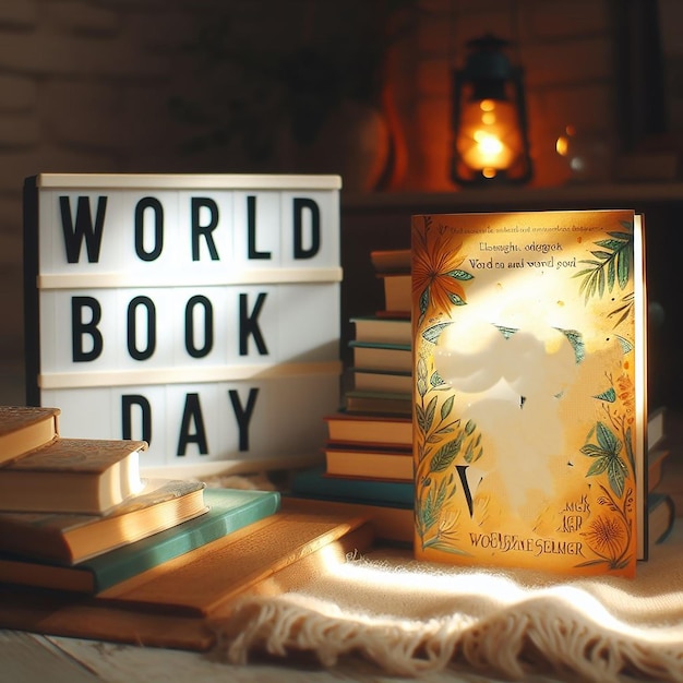 Letras del día mundial del libro frente a un libro