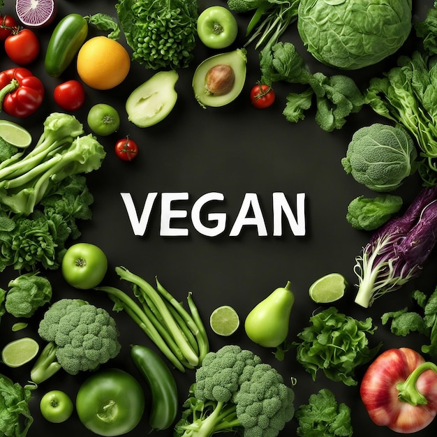 letras del día vegano hechas de verduras en el fondo