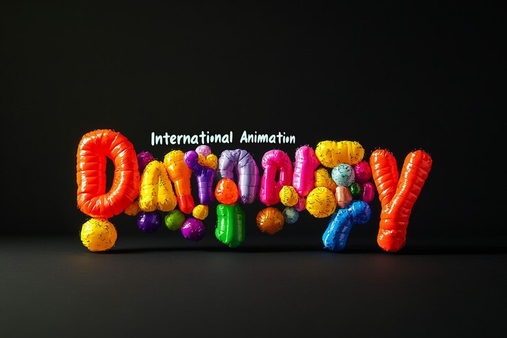 Foto letras divertidas y coloridas hechas de juguetes de plastilina y confeti sobre fondo amarillo concepto del día mundial de la animación