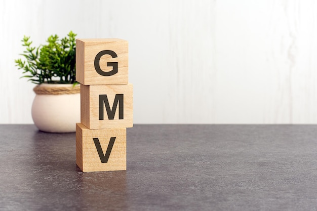 Letras do alfabeto de GMV em cubos de madeira planta verde em um fundo branco GMV curto para Volume de Mercadoria Bruta