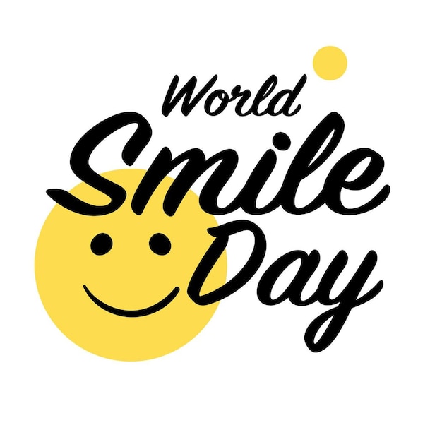 Letras do Dia Mundial do Sorriso e emoticon amarelo ilustração vetorial de sorriso tranquilo