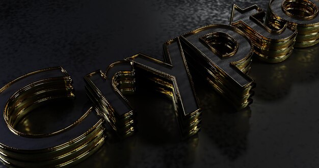 Letras doradas y negras brillantes con criptografía escrita sobre fondo de piedra oscura. Concepto de tecnología oscura. Ilustración vectorial 3d realista. Tecnología del futuro. Token no fungible NFT. Web3