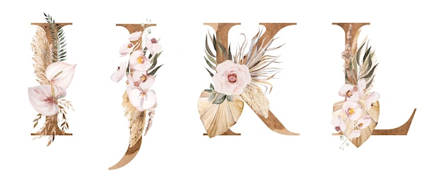 Letras em aquarela ijkl com flores tropicais e de algodão folhas de palmeira secas e ilustração de alfabeto boêmio de grama dos pampas elementos bege para design e artesanato de casamento