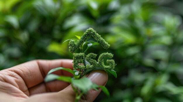 Letras ESG em mão com fundo verde florescente