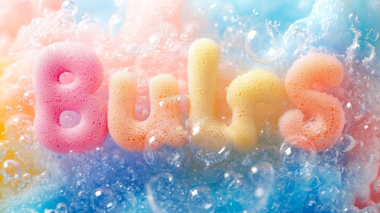 Foto letras de espuma con fondo de burbujas