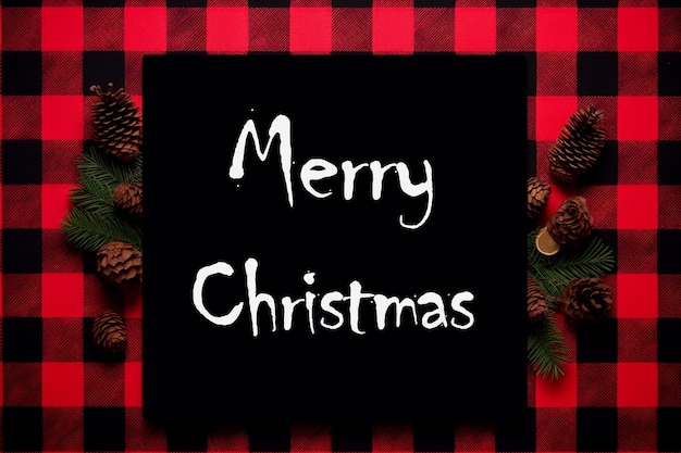 Foto letras de felices navidades frente a un fondo a cuadros rojo negro generado por ia