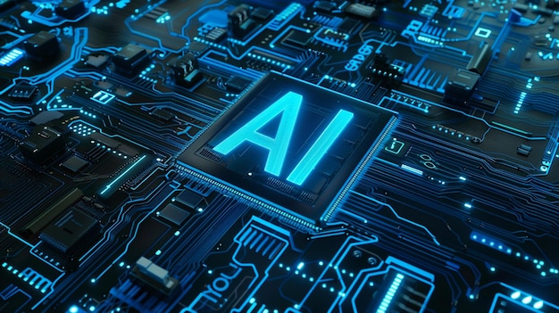 Letras de IA azules brillantes en una placa de circuito con un fondo oscuro y caminos iluminados