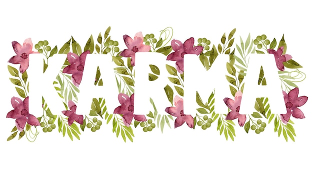 Letras de karma con flores de acuarela y hojas ilustración botánica