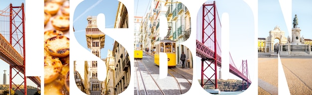 Letras de Lisboa llenas de imágenes de lugares famosos, comida tradicional portuguesa en la ciudad de Lisboa, Portugal