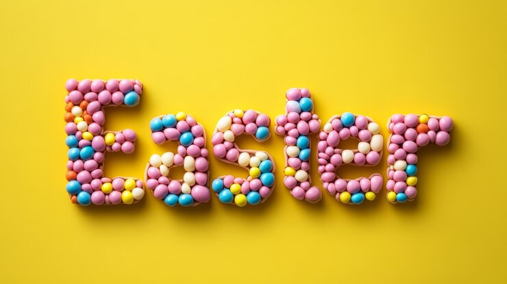 Foto letras lúdicas de pascua hechas a mano de jellybeans coloridos en un fondo amarillo brillante lata alegre