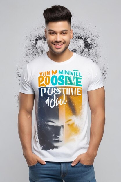 Foto letras de mente positiva con foto en la camiseta