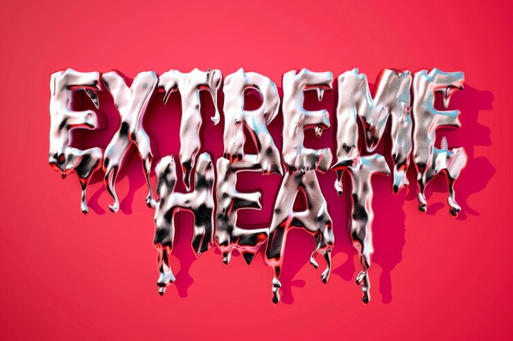 Foto letras de metal derretido que escriben calor extremo sobre un fondo rojo