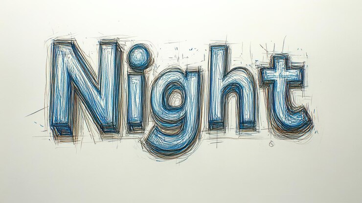 Foto las letras en negrita de la palabra noche cobran vida con coloridas líneas y sombras