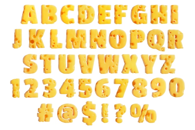 Letras, números y símbolos de la fuente del alfabeto del queso suizo Renderización en 3D