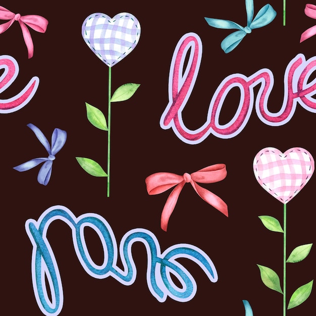 letras palabra LOVE tela corazones flores y arcos acuarela ilustración navideña dibujada a mano patrón sin costuras en un fondo oscuro para diseño decoración souvenirs tarjetas textiles papel