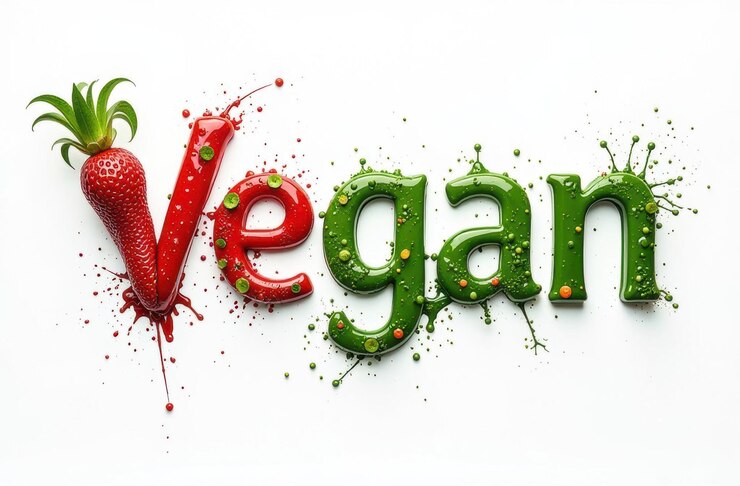 Foto letras de la palabra vegano escritas en voluminosas letras rojo-verdes