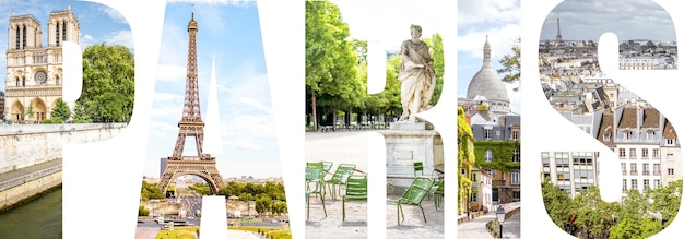 Letras de París llenas de imágenes de lugares famosos de la ciudad de París, Francia