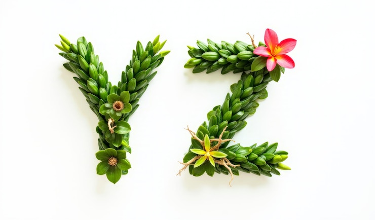 Foto las letras y de las plantas tropicales sobre un fondo blanco
