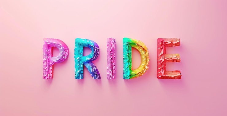 Foto letras de plástico coloridas escriben orgullo sobre un fondo rosado símbolo de belleza y arte
