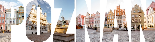 Letras de POZNAN llenas de imágenes de lugares famosos y paisajes urbanos en la ciudad de Poznan, Polonia