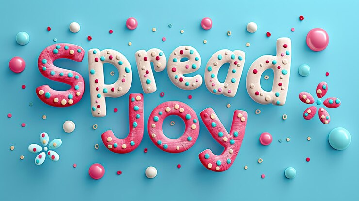 Foto las letras rosadas y blancas de textura difieren la alegría sobre un fondo turquesa con una decoración festiva de polcas