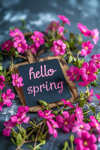 Foto letras de la temporada de primavera con plantas hojas y flores coloridas hola primavera 1 concepto de marzo