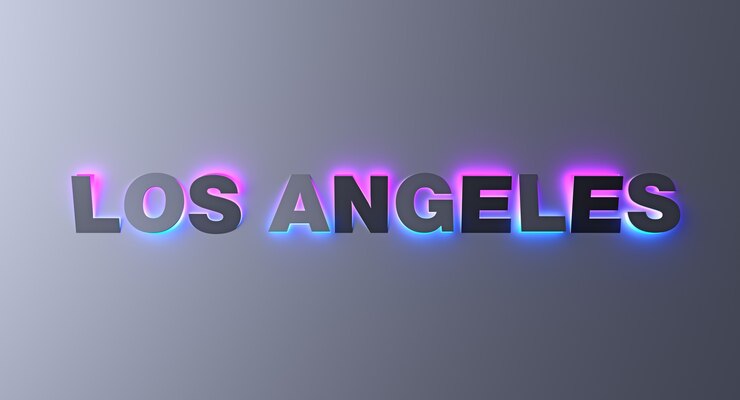 Foto letras de tipografía de diseño de los ángeles con luces de gradiente brillantes de neón. ilustración 3d.