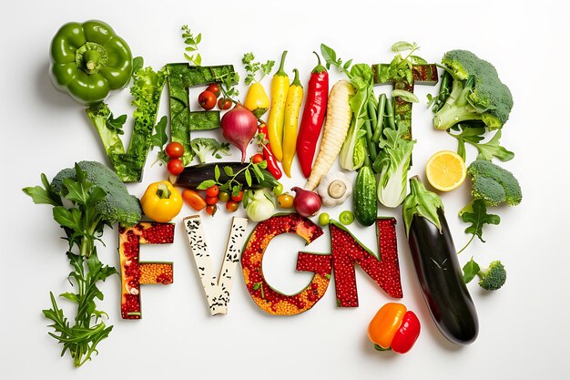 Foto letras veganas hechas de verduras sobre un fondo blanco